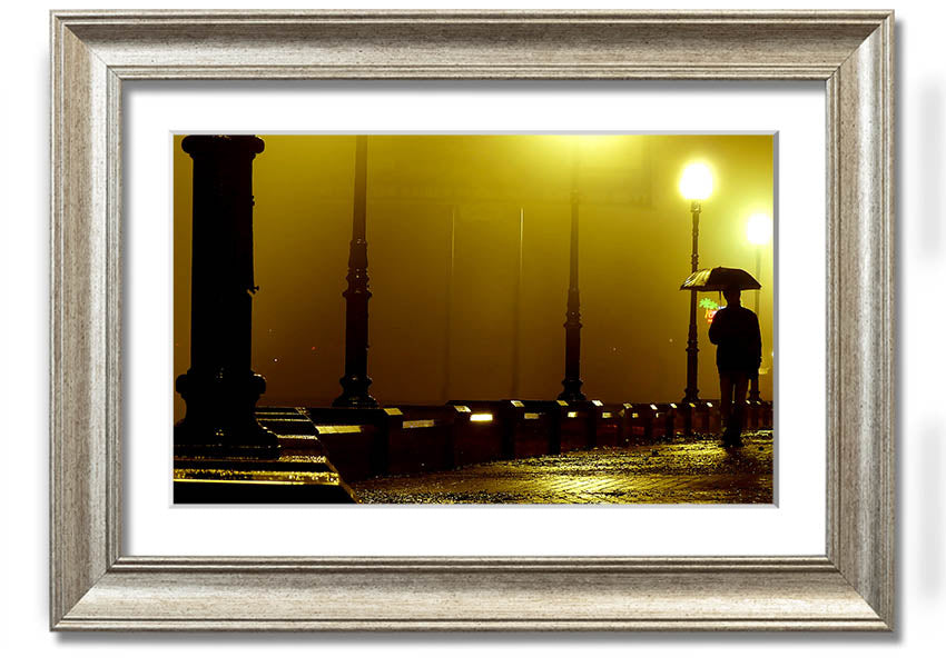 Alley Night framed print showcasing a serene urban night scene, available in various frame colours.