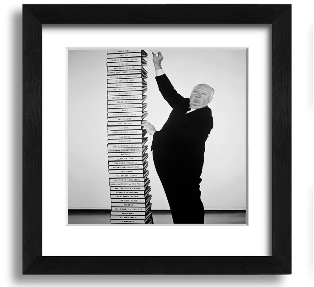 Square framed print featuring iconic images from Alfred Hitchcock's films, available in various frame colors.