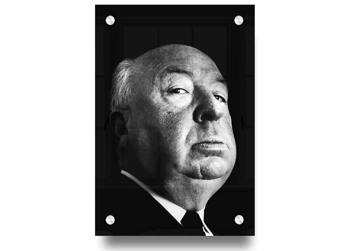 Acrylic print of Alfred Hitchcock's portrait, showcasing vibrant colors and a glossy finish.