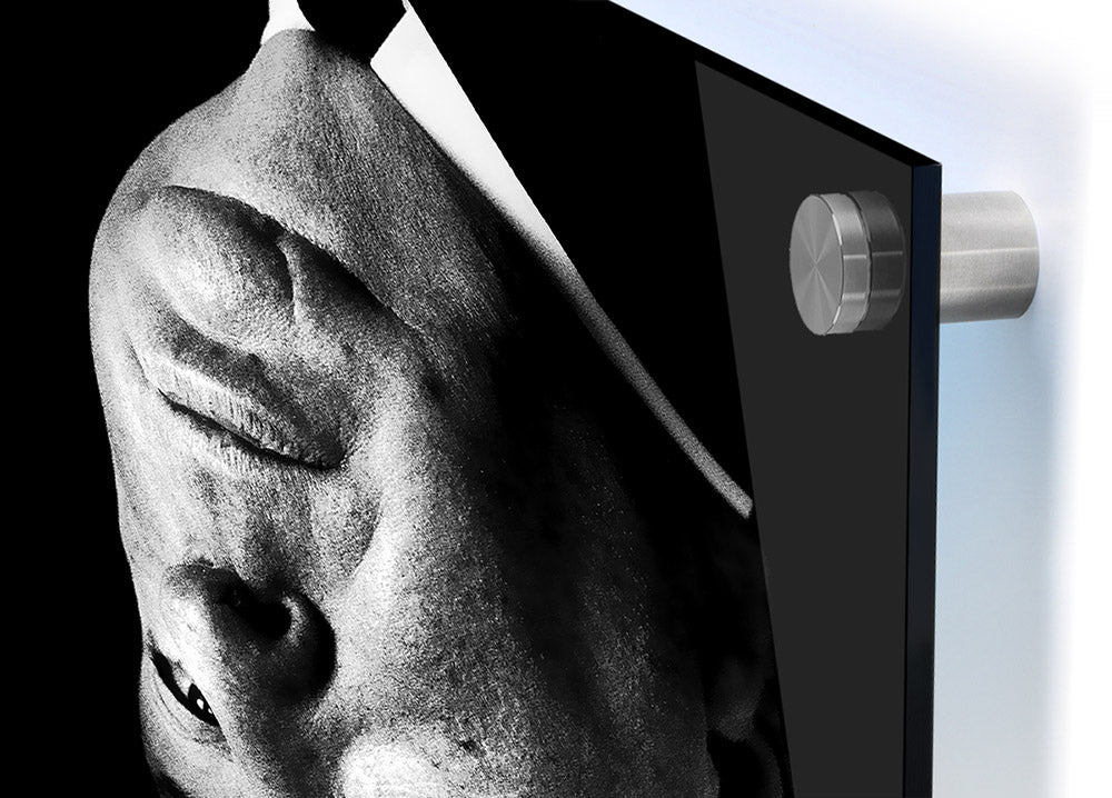 Acrylic print of Alfred Hitchcock's portrait, showcasing vibrant colors and a glossy finish.