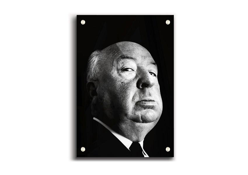 Acrylic print of Alfred Hitchcock's portrait, showcasing vibrant colors and a glossy finish.