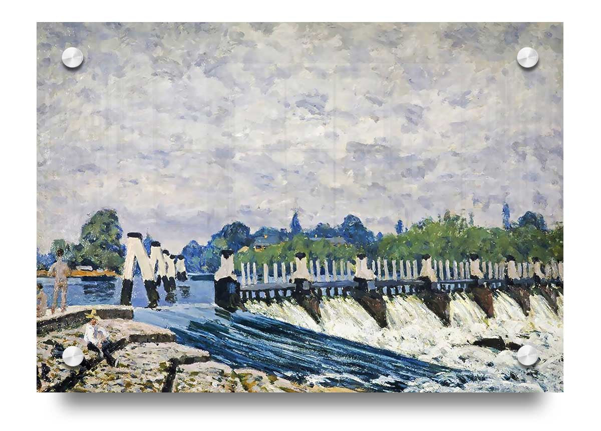 Alfred Sisley Molesey Weir acrylic print on 5mm thick glass, showcasing vibrant colors and intricate details.