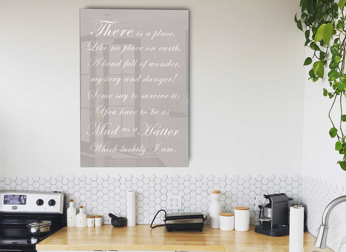 Alice In Wonderland Mad Hatter Beige glass print featuring whimsical design and vibrant colors.