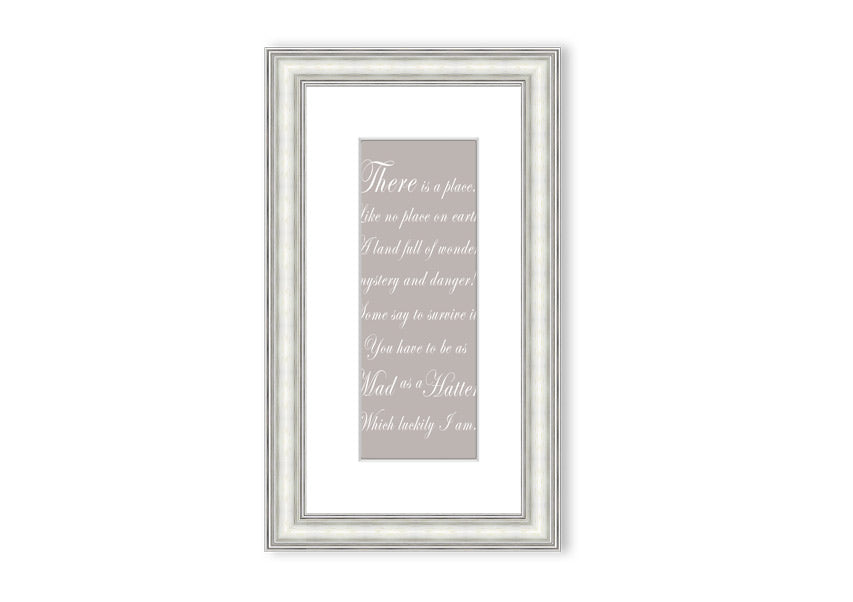 Framed print of Alice In Wonderland's Mad Hatter in beige, showcasing whimsical art and quality craftsmanship.