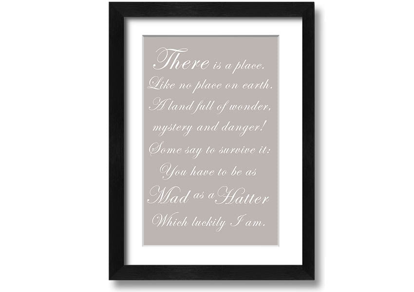 Framed print of Alice In Wonderland featuring the Mad Hatter in beige tones, elegantly displayed and ready to hang.
