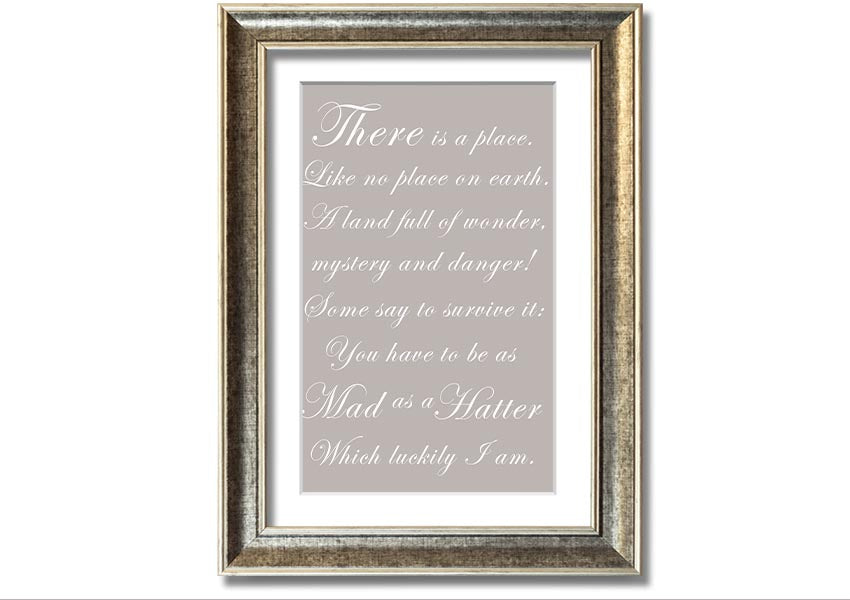 Framed print of Alice In Wonderland featuring the Mad Hatter in beige tones, elegantly displayed and ready to hang.