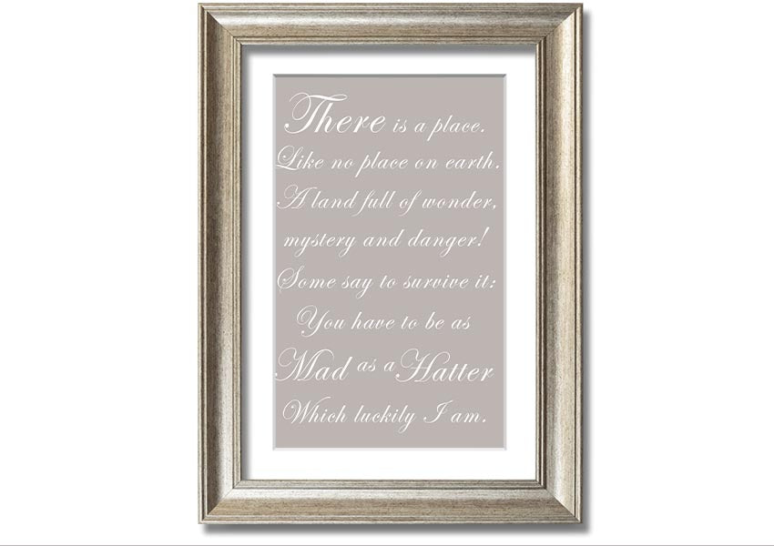 Framed print of Alice In Wonderland featuring the Mad Hatter in beige tones, elegantly displayed and ready to hang.