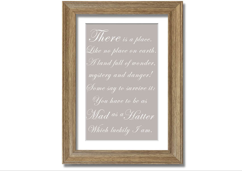 Framed print of Alice In Wonderland featuring the Mad Hatter in beige tones, elegantly displayed and ready to hang.