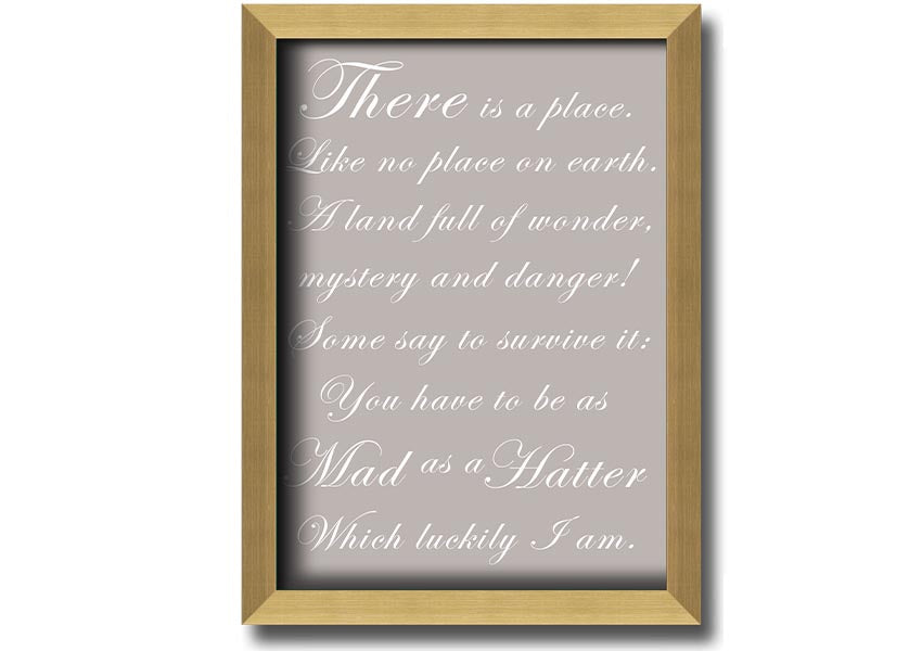Framed print of Alice In Wonderland featuring the Mad Hatter in beige tones, elegantly displayed and ready to hang.