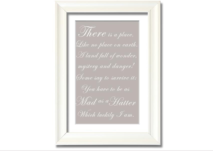 Framed print of Alice In Wonderland featuring the Mad Hatter in beige tones, elegantly displayed and ready to hang.