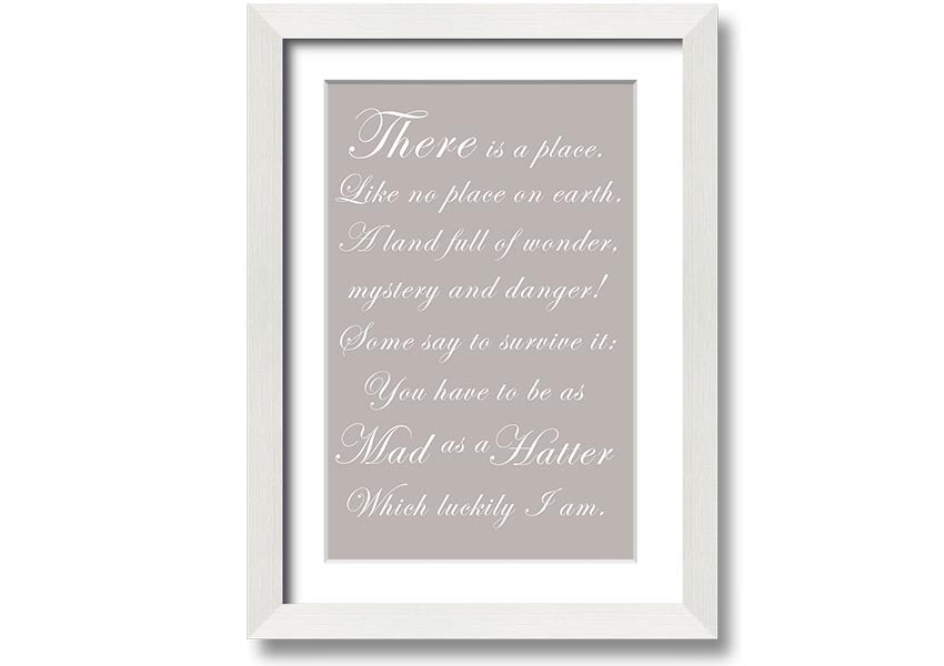 Framed print of Alice In Wonderland featuring the Mad Hatter in beige tones, elegantly displayed and ready to hang.