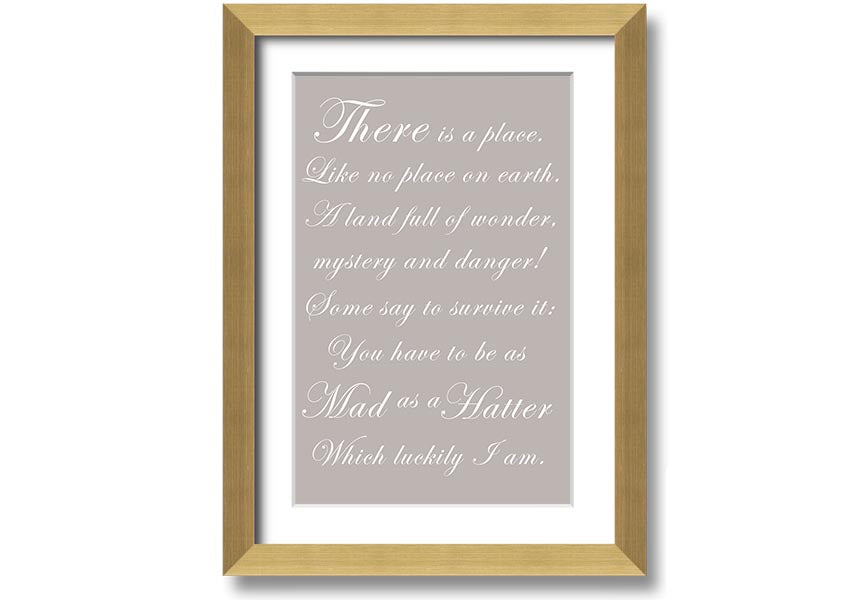 Framed print of Alice In Wonderland featuring the Mad Hatter in beige tones, elegantly displayed and ready to hang.