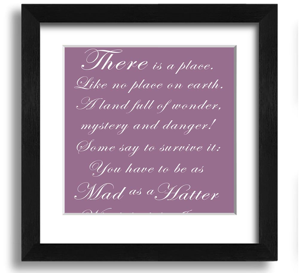 Alice In Wonderland Mad Hatter dusty pink square framed print, showcasing whimsical design and quality craftsmanship.