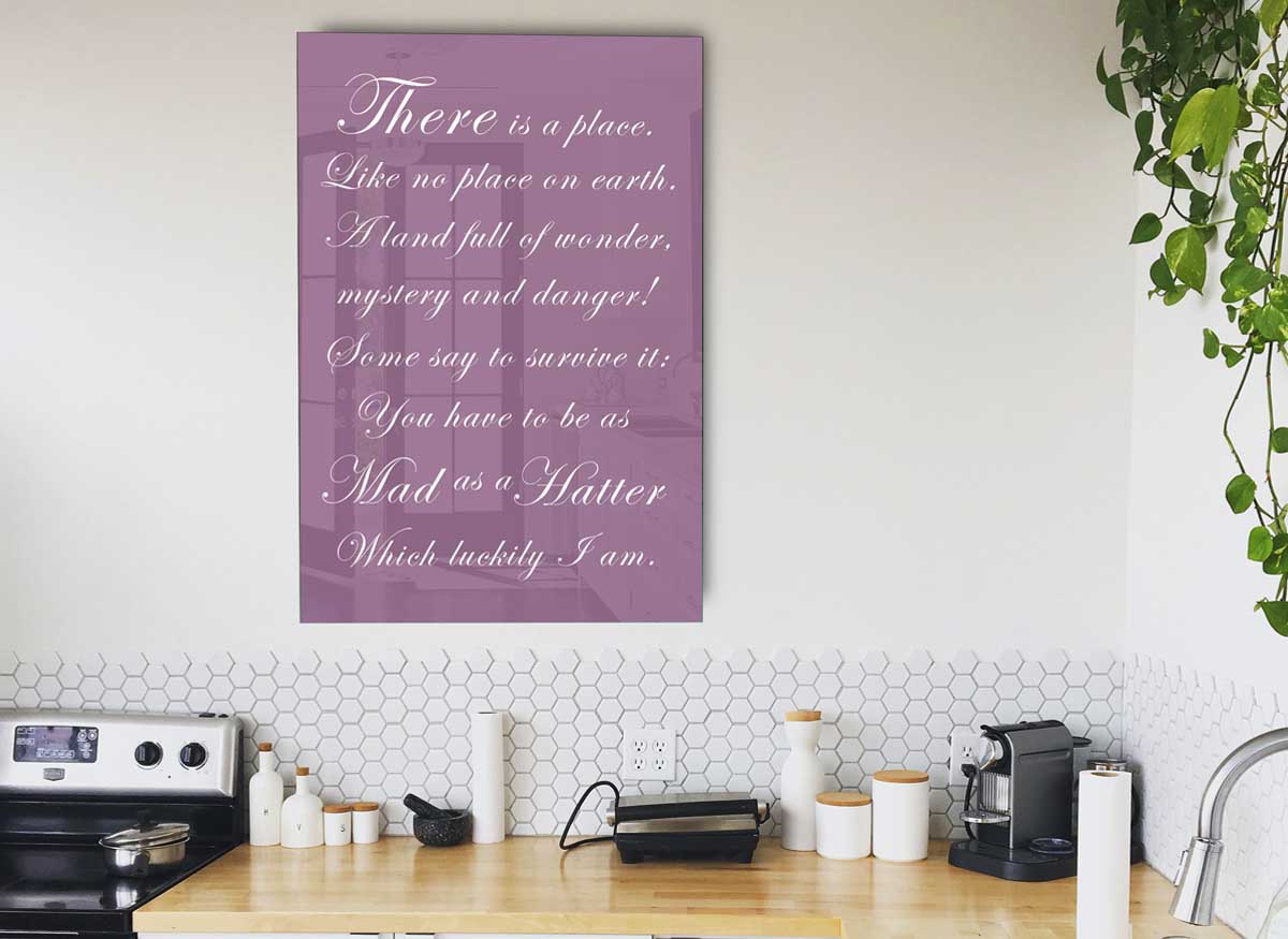 Alice In Wonderland Mad Hatter glass print in dusty pink, featuring whimsical design and modern aesthetics.