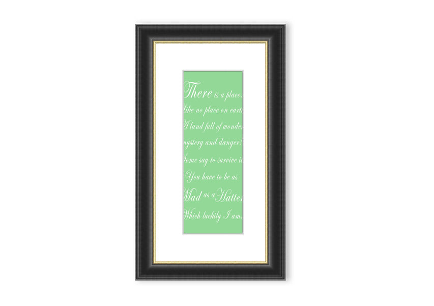 Framed print of Alice In Wonderland's Mad Hatter in vibrant green, showcasing intricate details and whimsical design.