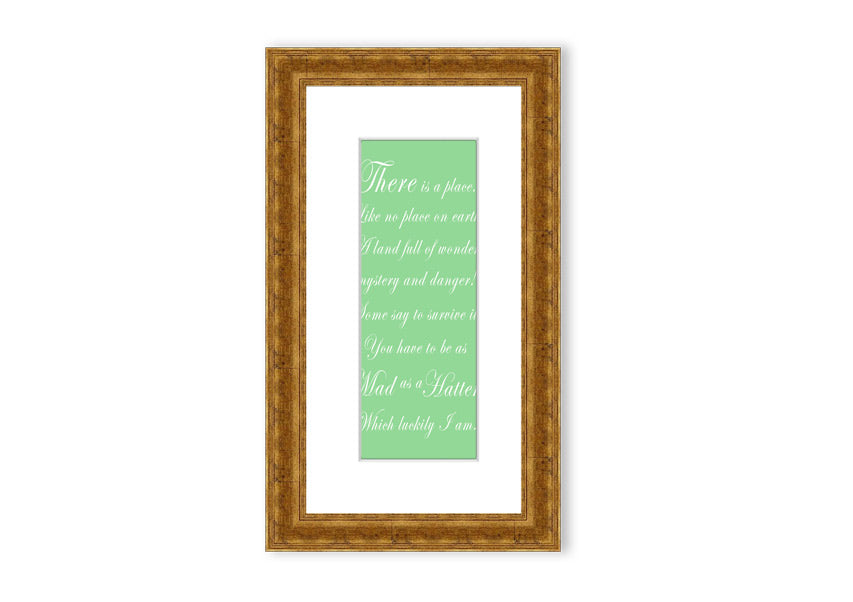 Framed print of Alice In Wonderland's Mad Hatter in vibrant green, showcasing intricate details and whimsical design.
