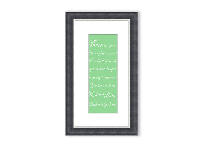 Framed print of Alice In Wonderland's Mad Hatter in vibrant green, showcasing intricate details and whimsical design.