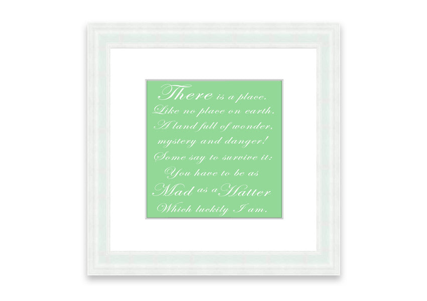 Framed print of Alice In Wonderland's Mad Hatter in vibrant green, showcasing intricate details and whimsical design.