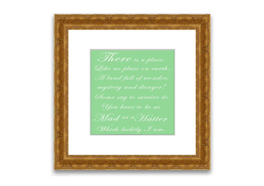 Framed print of Alice In Wonderland's Mad Hatter in vibrant green, showcasing intricate details and whimsical design.
