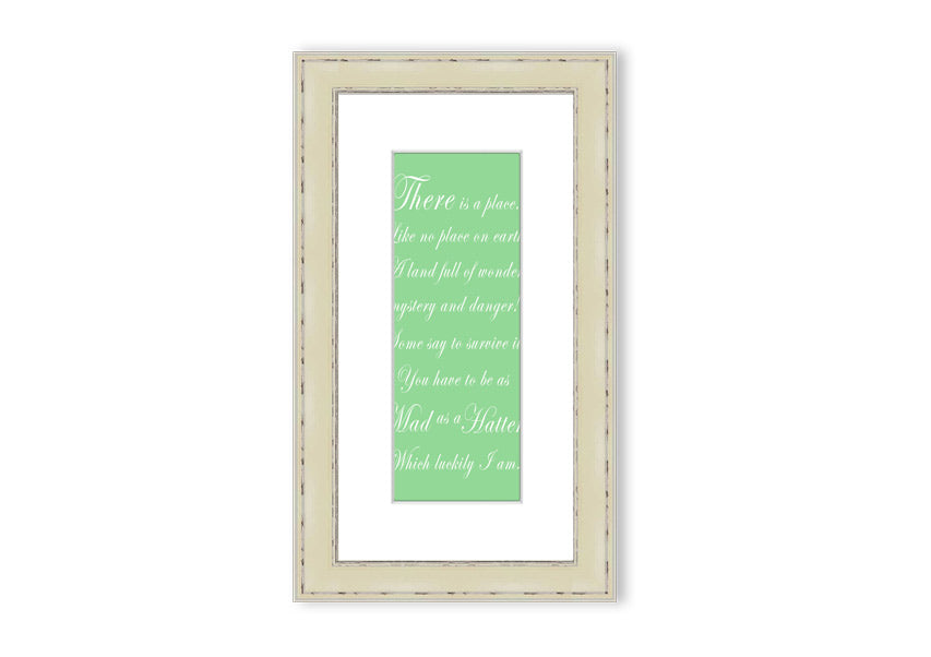 Framed print of Alice In Wonderland's Mad Hatter in vibrant green, showcasing intricate details and whimsical design.