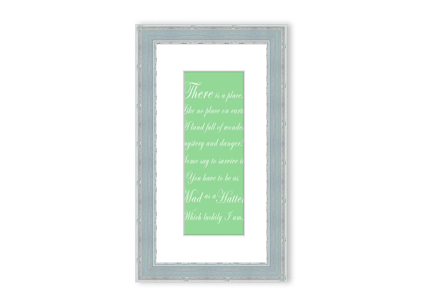 Framed print of Alice In Wonderland's Mad Hatter in vibrant green, showcasing intricate details and whimsical design.
