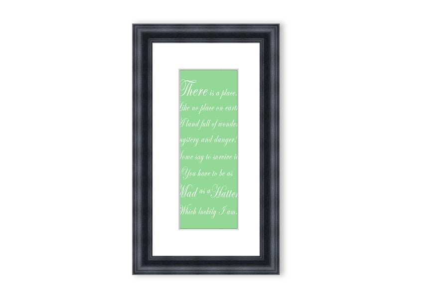 Framed print of Alice In Wonderland's Mad Hatter in vibrant green, showcasing intricate details and whimsical design.