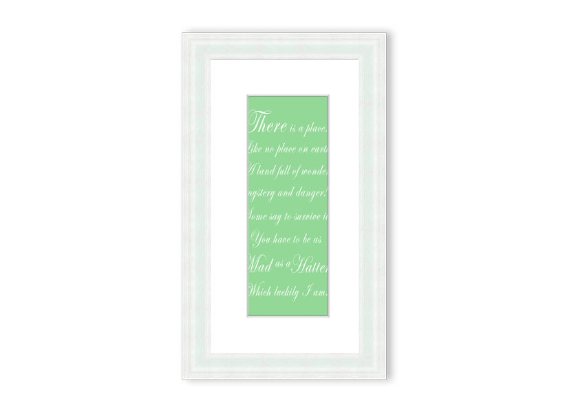Framed print of Alice In Wonderland's Mad Hatter in vibrant green, showcasing intricate details and whimsical design.