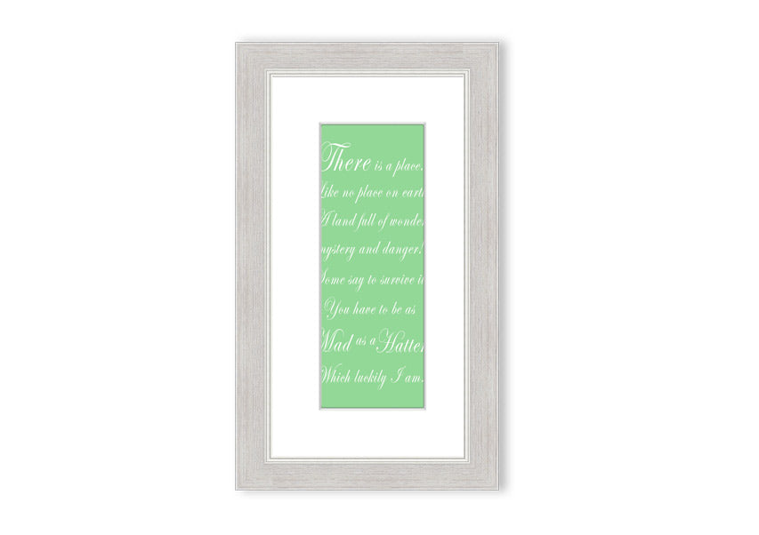 Framed print of Alice In Wonderland's Mad Hatter in vibrant green, showcasing intricate details and whimsical design.