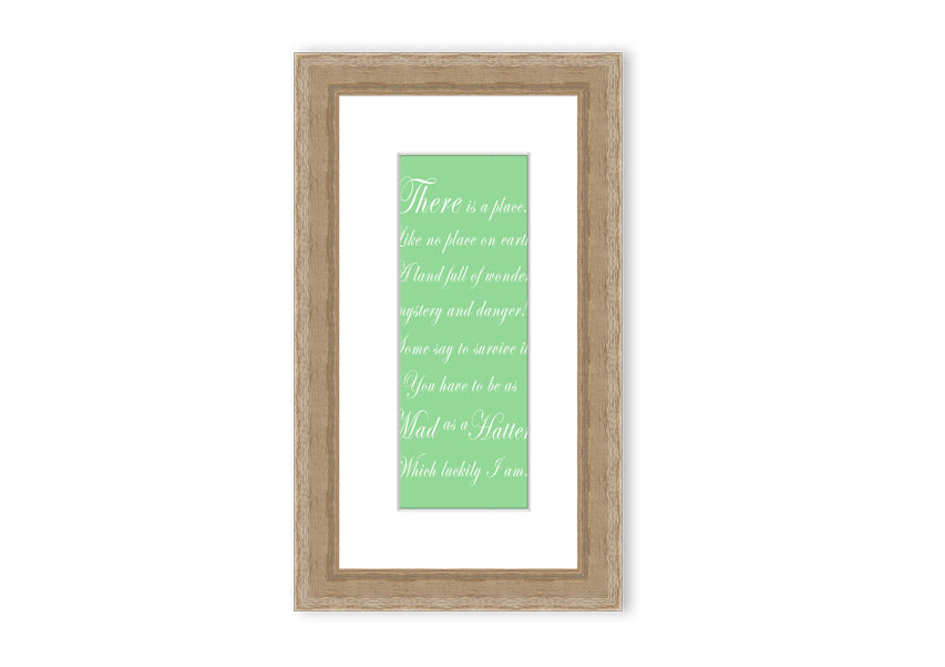 Framed print of Alice In Wonderland's Mad Hatter in vibrant green, showcasing intricate details and whimsical design.