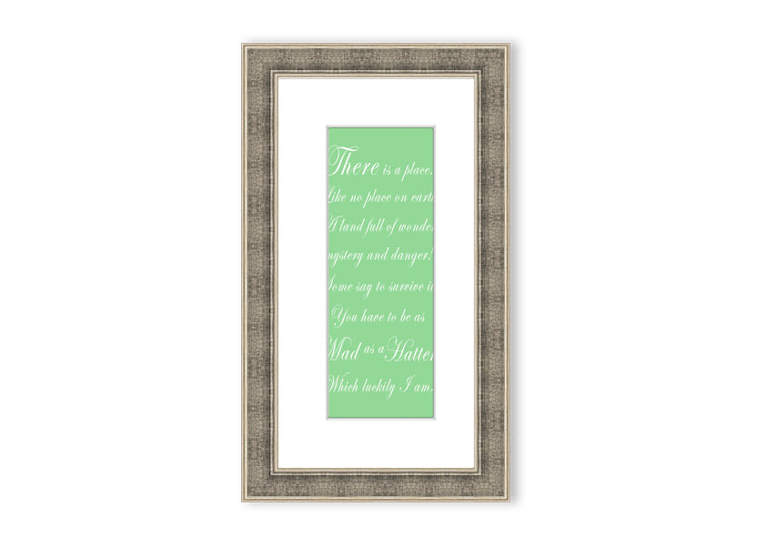 Framed print of Alice In Wonderland's Mad Hatter in vibrant green, showcasing intricate details and whimsical design.