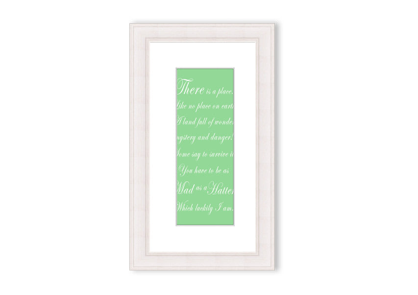 Framed print of Alice In Wonderland's Mad Hatter in vibrant green, showcasing intricate details and whimsical design.