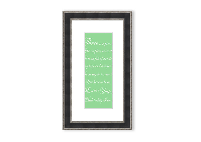 Framed print of Alice In Wonderland's Mad Hatter in vibrant green, showcasing intricate details and whimsical design.
