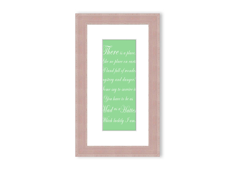 Framed print of Alice In Wonderland's Mad Hatter in vibrant green, showcasing intricate details and whimsical design.