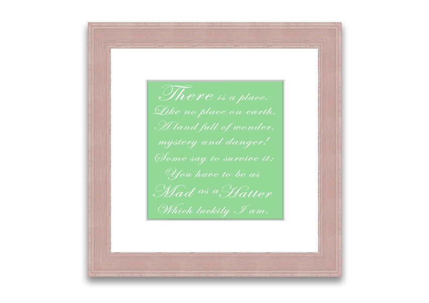 Framed print of Alice In Wonderland's Mad Hatter in vibrant green, showcasing intricate details and whimsical design.