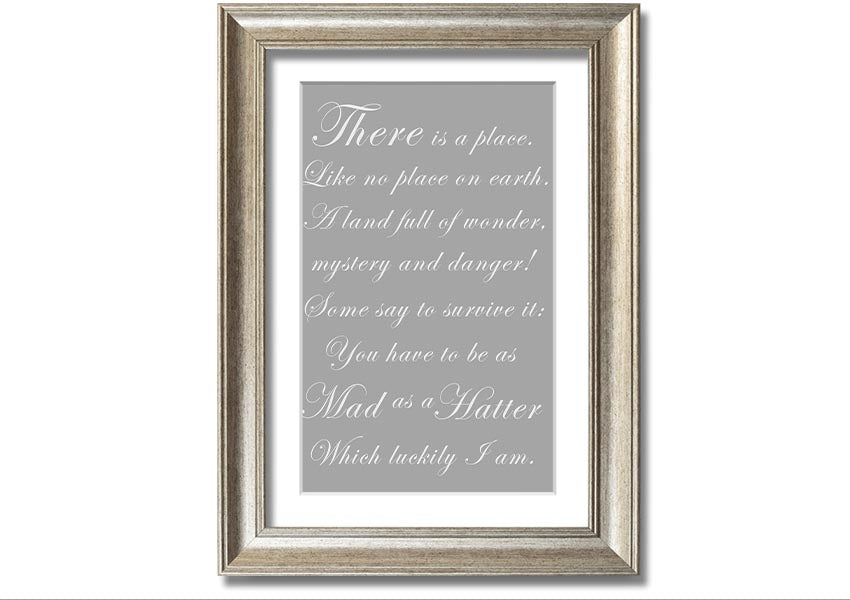 Framed print of the Mad Hatter from Alice In Wonderland in grey and white, showcasing whimsical design and quality craftsmanship.
