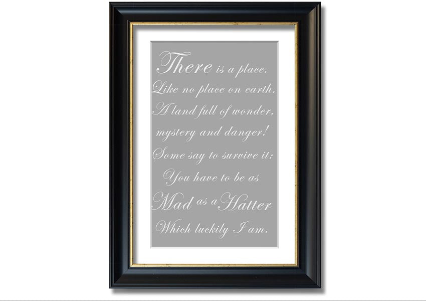 Framed print of the Mad Hatter from Alice In Wonderland in grey and white, showcasing whimsical design and quality craftsmanship.