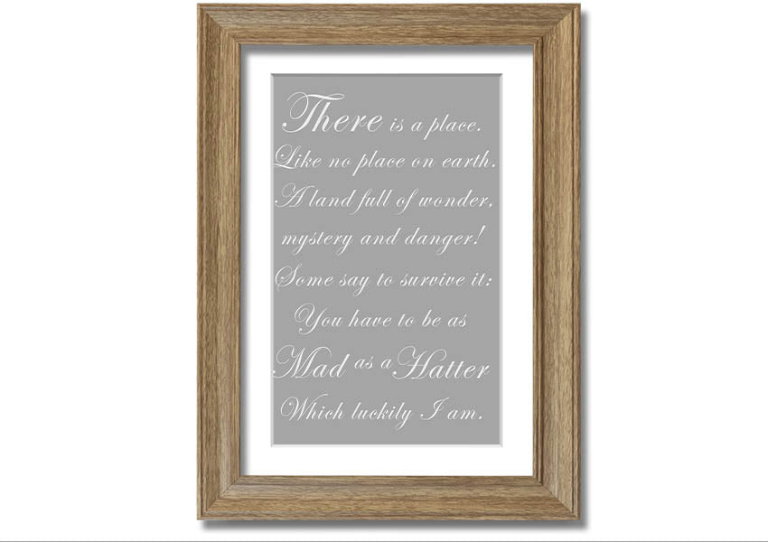 Framed print of the Mad Hatter from Alice In Wonderland in grey and white, showcasing whimsical design and quality craftsmanship.