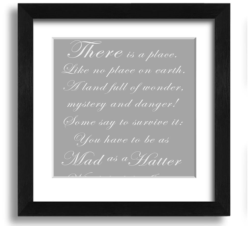 Alice In Wonderland Mad Hatter framed print in grey and white, showcasing whimsical design and high-quality craftsmanship.