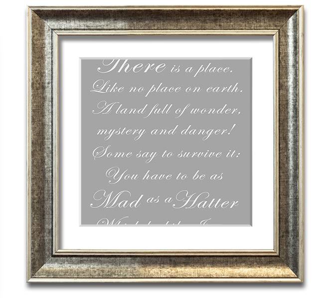 Alice In Wonderland Mad Hatter framed print in grey and white, showcasing whimsical design and high-quality craftsmanship.