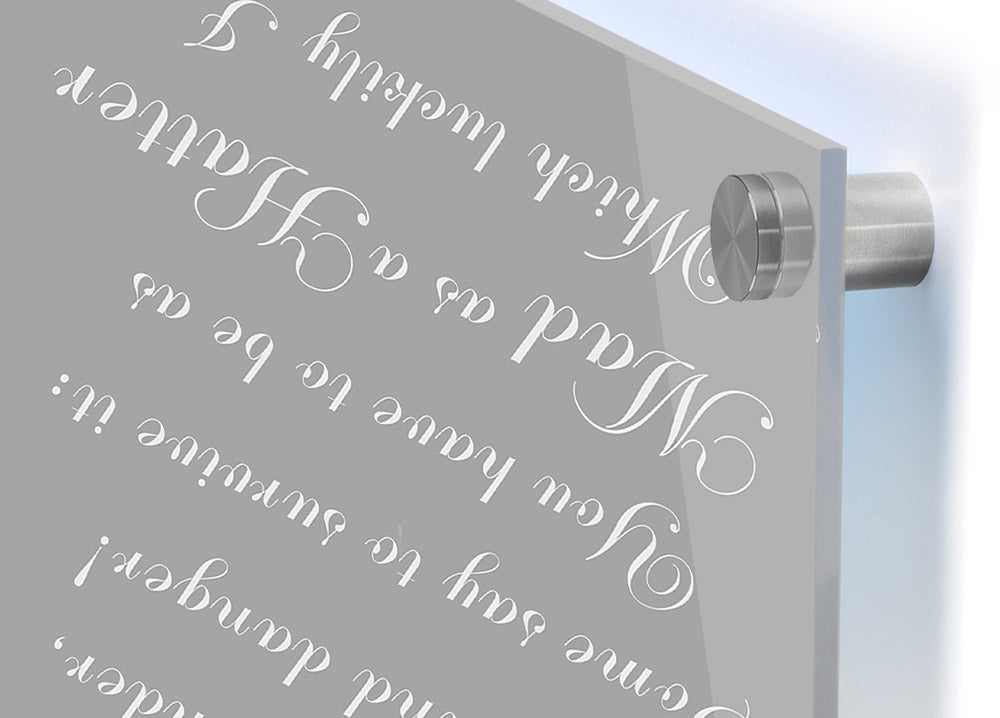 Alice In Wonderland acrylic print featuring the Mad Hatter in grey and white, showcasing vibrant colors and intricate details on 5mm thick acrylic glass.