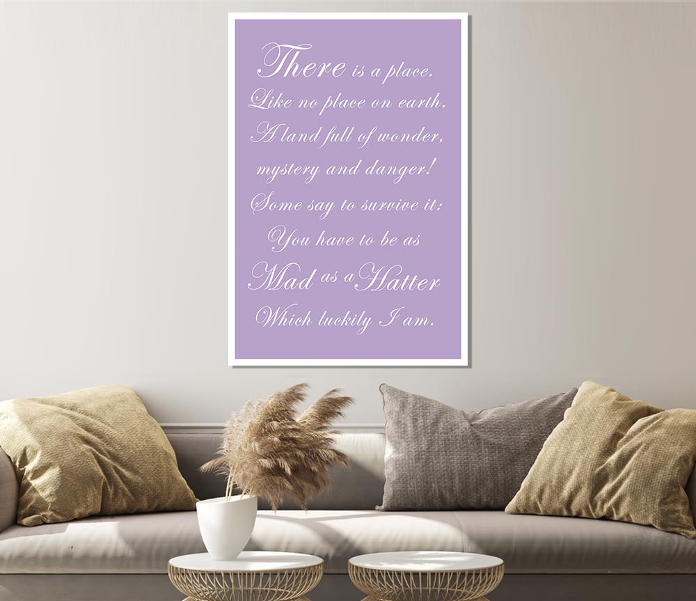 Alice In Wonderland As Mad As A Hatter Lilac poster on high-quality canvas, featuring vibrant colors and whimsical design.