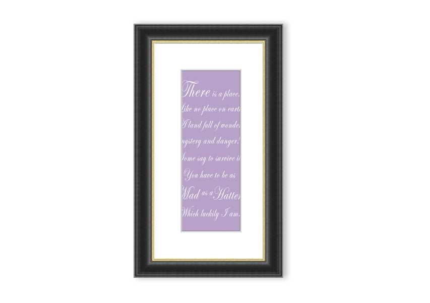 Framed print of Alice In Wonderland featuring the Mad Hatter in lilac tones, elegantly displayed with a choice of frame colors.
