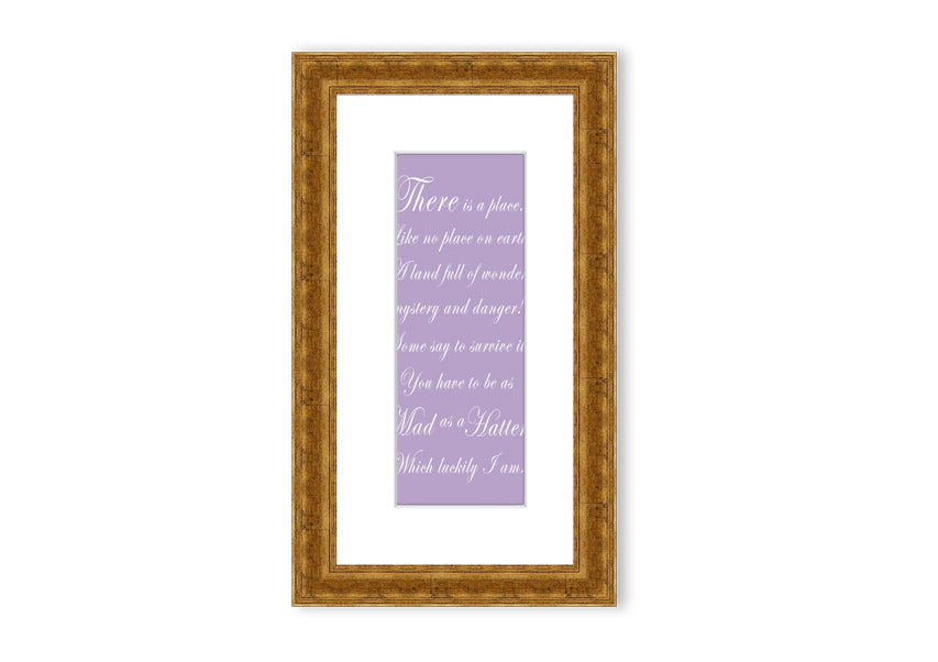 Framed print of Alice In Wonderland featuring the Mad Hatter in lilac tones, elegantly displayed with a choice of frame colors.