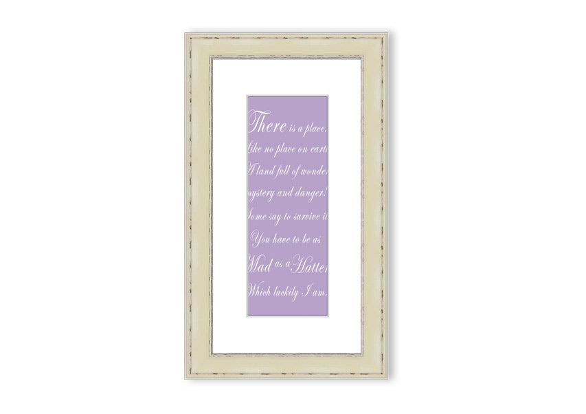 Framed print of Alice In Wonderland featuring the Mad Hatter in lilac tones, elegantly displayed with a choice of frame colors.