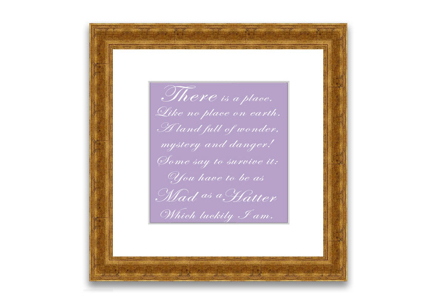 Framed print of Alice In Wonderland featuring the Mad Hatter in lilac tones, elegantly displayed with a choice of frame colors.