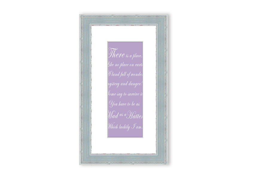 Framed print of Alice In Wonderland featuring the Mad Hatter in lilac tones, elegantly displayed with a choice of frame colors.