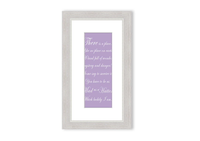 Framed print of Alice In Wonderland featuring the Mad Hatter in lilac tones, elegantly displayed with a choice of frame colors.