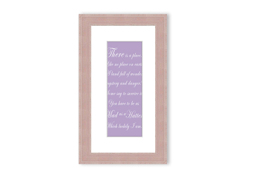 Framed print of Alice In Wonderland featuring the Mad Hatter in lilac tones, elegantly displayed with a choice of frame colors.
