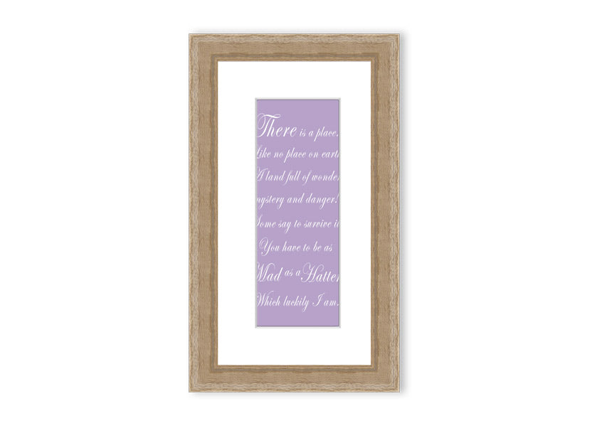 Framed print of Alice In Wonderland featuring the Mad Hatter in lilac tones, elegantly displayed with a choice of frame colors.