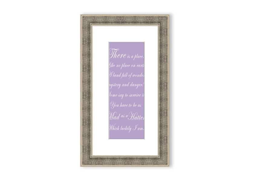 Framed print of Alice In Wonderland featuring the Mad Hatter in lilac tones, elegantly displayed with a choice of frame colors.